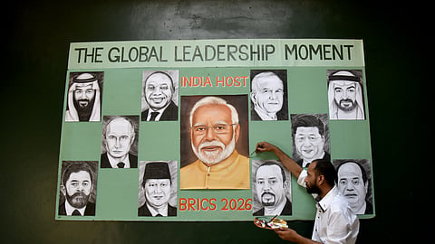 An artist in Amritsar gives final touches to his artwork of Prime Minister Narendra Modi and world leaders ahead of New Delhi's 18th BRICS Leaders’ Summit 2026, Thursday, Sep. 10, 2026.