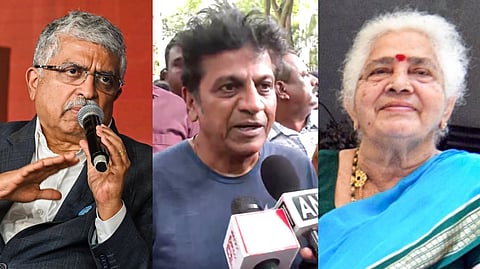 (L) Infosys co-founder Nandan Nilekani; (C) Actor Shiva Rajkumar; (R) Karnataka Chief Minister DK Shivakumar's mother Gowramma.