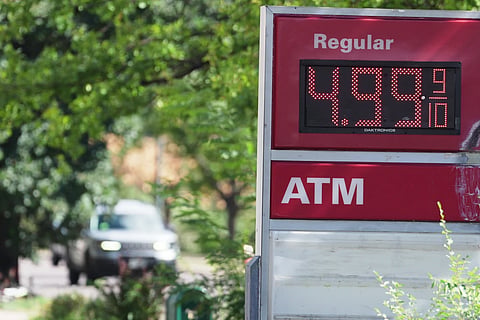 The per-gallon price for regular unleaded fuel is displayed electronically on a sign outside a Conoco gasoline station Wednesday, Sept. 9, 2026, in Denver.