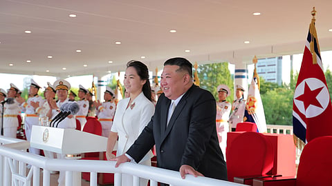 In this photo provided by the North Korean government, its leader Kim Jong Un and his daughter Kim Ju Ae attend a commissioning ceremony of a destroyer, Kang Kon, at a port in Wonsan, North Korea, Sunday, Sept. 6, 2026.