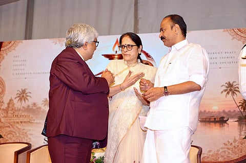 Chief Minister V D Satheesan in conversation with Kerala High Court Chief Justice Justice Soumen Sen and Supreme Court Justice V Mohana