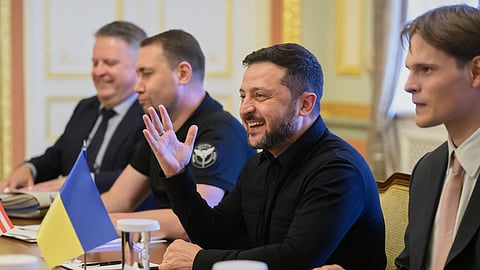 In this photo provided by the Ukrainian Presidential Press Office, Ukraine's President Volodymyr Zelenskyy talks with U.S. President Donald Trump's envoys Jared Kushner and Steve Witkoff at Mariinsky palace in Kyiv, Ukraine, Sunday, Sept. 6, 2026.