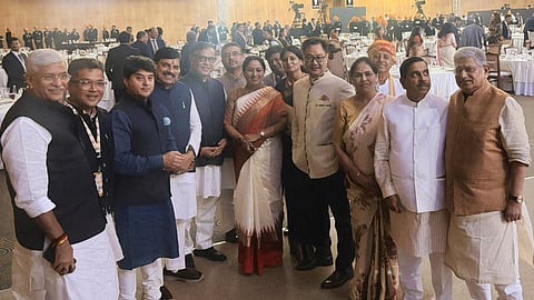 Union Ministers Gajendra Singh Shekhawat, Jyotiraditya Scindia, Kiremn Rijiju, Prahlad Joshi, Delhi Chief Minister Rekha Gupta, Assam Chief Minister Himanta Biswa Sarma, West Bengal Chief Minister Suvendu Adhikari and others attend the Gala dinner hosted by Prime Minister Narendra Modi during the BRICS Summit 2026, in New Delhi.