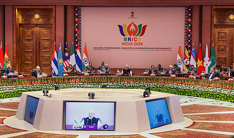 In this image released on Sept. 12, 2026, Prime Minister Narendra Modi with Russian President Vladimir Putin, Chinese President Xi Jinping, and others, during the 18th BRICS Summit, at the Bharat Mandapam, in New Delhi.