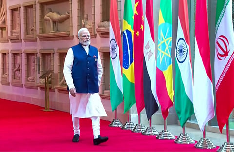 In this screengrab from a video posted on Sept. 13, 2026, Prime Minister Narendra Modi arrives at Bharat Mandapam on the second day of the BRICS Summit 2026, in New Delhi.