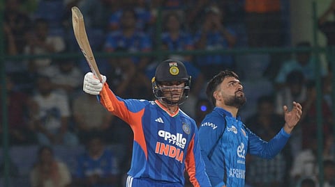 Abhishek Sharma celebrates his fifty against Afghanistan on Sunday
