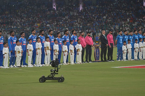 Indian players sing Vande Mataram ahead of the match in New Delhi