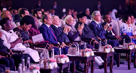 Prime Minister Narendra Modi with Russian President Vladimir Putin, Indonesian President Prabowo Subianto, South African President Cyril Ramaphosa, Egyptian President Abdel Fattah el-Sisi, Ethiopian Prime Minister Abiy Ahmed Ali, Kazakhstan President Kassym-Jomart Tokayev, and others, during a Gala dinner hosted by PM Modi for visiting leaders of the 18th BRICS Summit, in New Delhi.