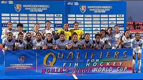 India junior women's hockey team celebrates the title triumph in Moqi, China