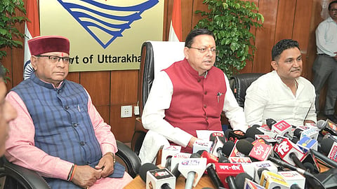 Uttarakhand CM Pushkar Singh Dhami addressing a press conference.