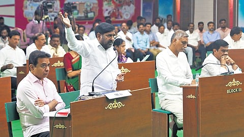 BRS MLAs speak during a mock assembly session organised by the party at the Telangana Bhavan in Hyderabad on Saturday.