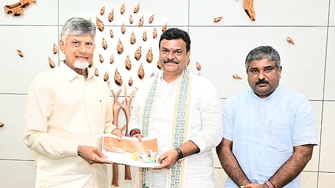 BJP AP president PVN Madhav and State organisational general secretary Madhukar meet CM N Chandrababu Naidu in Amaravati on Saturday.