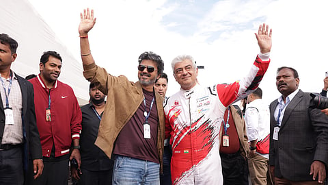 Tamil Nadu Chief Minister S. Joseph Vijay met actor Ajith Kumar at the London car race on Saturday.
