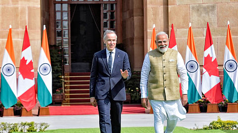 Prime Minister Narendra Modi and Canadian Prime Minister Mark Carney at Hyderabad House, in New Delhi, March 2026.