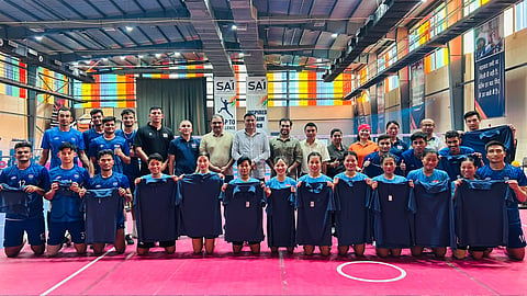 Sepaktakraw team members pose with the new kits along with officials at SAI, Sonepat