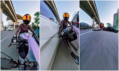 A combo image shows a sports bike ridden by a woman, after a speeding car allegedly hit her, knocking her off the bike and dragging it for several metres, on Golf Course Road, in Gurugram.