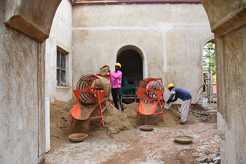 Renovation work under way at the Rani Mangammal palace complex.