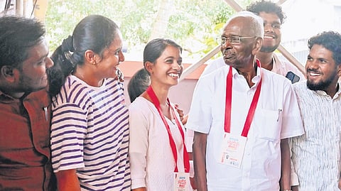 Balasangham office-bearers with senior leader M M Mani, who arrived for the meeting