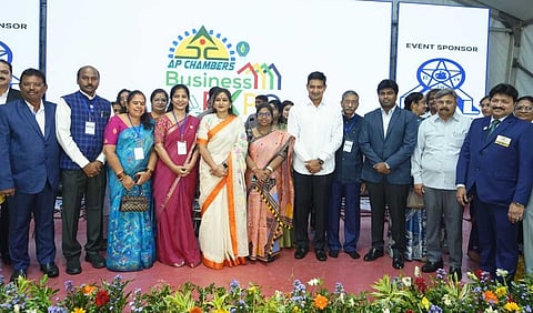 Kondapalli Srinivas, along with Home Minister Vangalapudi Anitha, visited the AP Chamber Expo-2026 at Gadiraju Palace and inspected various stalls.
