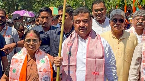 West Bengal Chief Minister Suvendu Adhikari along with BJP candidate Hasirani Rath during a rally for the filing of nomination for Nandigram Assembly constituency ahead of by-elections, at Purba Midnapore, West Bengal.