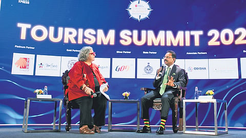 Suman Billa, Additional Secretary and Director General, Ministry of Tourism, speaking about the Indian tourism industry’s potential during TNIE’s Tourism Summit 2026 at ITC Grand Chola in Chennai on Tuesday. (Inset) The one-day event drew a vibrant crowd, ranging from industry insiders to enthusiasts, students and members of the public