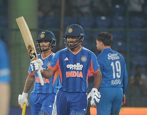Sanju Samson celebrates his fifty against Afghanistan on Tuesday