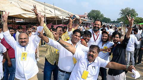 A candidate celebrates his win with his supporters after winning in the Rajasthan Civic Body Election 2026 outside a counting centre at Bhawani Niketan, in Jaipur on Monday.