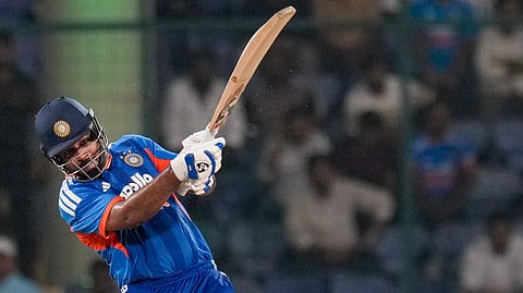 India's Sanju Samson plays a shot during the second T20I cricket match between India and Afghanistan, in New Delhi, Tuesday, Sept. 15, 2026.