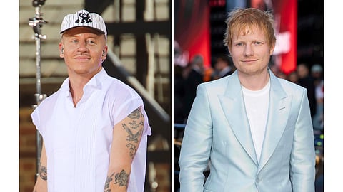 Recording artist Macklemore appears on ABC's "Good Morning America" Summer Concert Series in Central Park in New York on July 22, 2022, left, and Ed Sheeran appears at the premiere of the film "F1 The Movie" in London on June 23, 2025.