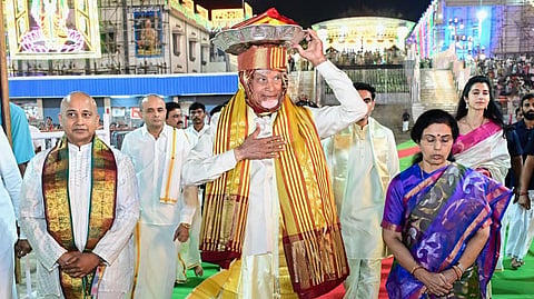 CM Nara Chandrababu Naidu offers pattu vastrams at Tirumala to Sri Venkateswara Swamy on Tuesday.