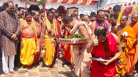 Priests of Samaleswari Temple taking part in rituals on Nuakhai on Tuesday.