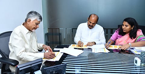 CM Nara Chandrababu Naidu during review meeting at the housing department at his camp office on Tuesday.