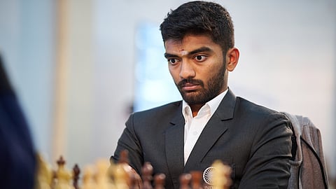 D Gukesh looks at his board during the second round of the Olympiad in Samarkand on Thursday