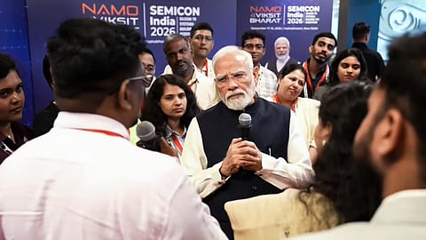 In this screengrab from a video posted on Sept. 17, 2026, Prime Minister Narendra Modi during the inauguration of SEMICON India 2026, at Yashobhoomi Convention Centre in New Delhi.