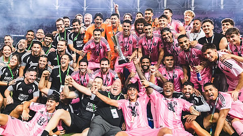 Inter Miami players and staff celebrate after winning the Campeones Cup.