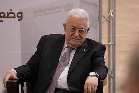 Palestinian President Mahmoud Abbas attends the inauguration ceremony of the Innovation and Excellence Compound in the West Bank city of Ramallah, Wednesday, Sept. 9, 2026.