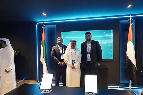 (L-R) Rakesh Aikkara (Co-Founder & COO, Technisanct), H.E. Dr. Mohamed Al Kuwaiti (Chairman, UAE Cybersecurity Council), and Nandakishore Harikumar (Founder & CEO, Technisanct) following the MoU signing ceremony at Dubai World Trade Centre.