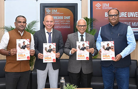 From left to right :Ramesh Sethuraman, Assistant Administrative Officer, IIM Visakhapatnam; Raj Kumar Dubey, former Chairman, Indraprastha Gas Limited and former Director (HR), BPCL; Prof. M Chandrasekhar, Director, IIM Visakhapatnam; and Prof. Abhishek Srivastavam, Chairperson, EMBA-IIM Visakhapatnam launched the Executive Master of Business Administration (EMBA) programme at IIM Visakhapatnam on Thursday.