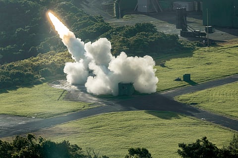 In this photo released by the Taiwan Presidential Office, a missile is launched during drills inspected by Taiwan's President William Lai Ching-te at a base in Pingtung county, in southern Taiwan, on Friday, Sep. 18, 2026