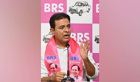BRS working president KT Rama Rao speaks during a press meet at Telangana Bhavan in Hyderabad.