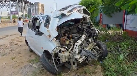 Wreckage of a vehicle that killed two workers in Gurugram on Thursday.
