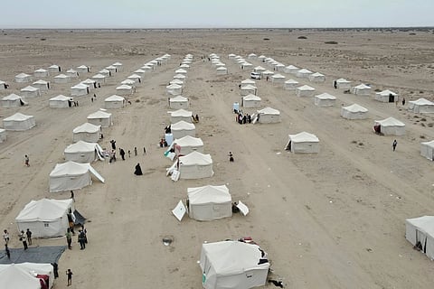 Tents are lined up in the Al-Firdaws camp for displaced Yemenis in Ras Imran, on the western outskirts of Aden, Yemen, Thursday, Sept. 17, 2026.