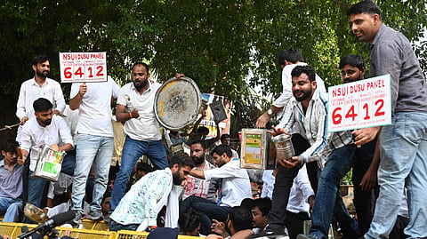 NSUI members at taali-thali march near Jantar Mantar on Thursday.