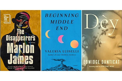 This combination of book cover images show "The Disappearers" by Marlon James, left, "Beginning Middle End" by Valeria Luiselli, center, and "Dèy" by Edwidge Danticat.