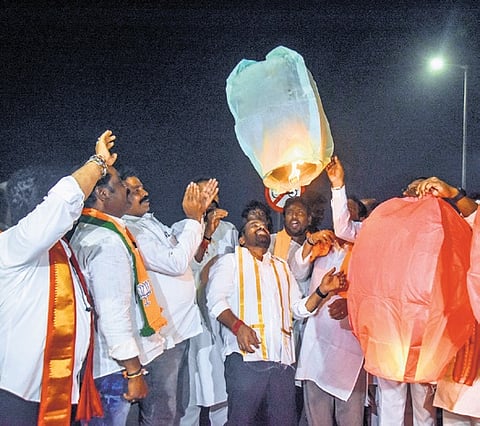 Health Minister Y Satya Kumar Yadav releases a hot air balloon at the PM’s birthday celebrations