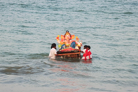 A Vinayagar idol being immersed in Chennai on Wednesday