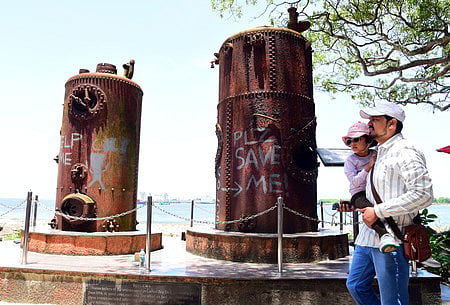 The steam boiler of an old ship is displayed at Fort Kochi beach