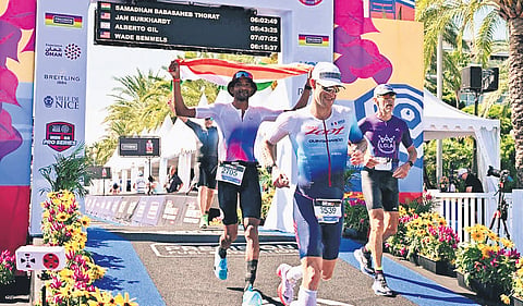 Indian Army officer Samadhan Babasaheb Thorat, posted at the Army Service Corps Centre in Bengaluru, takes part in the Ironman 70.3 in Nice, France