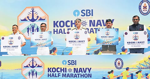 Southern Naval Command Chief of Staff Rear Admiral Prakash Gopalan releasing the Logo of the 7th edition of Kochi Naval Half Marathon on Saturday