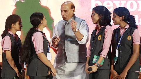 Defence Minister Rajnath Singh interacting with students after inaugurating the Janmabhumi Conclave at Bhaskareeyam Convention Centre in Kochi on Friday.